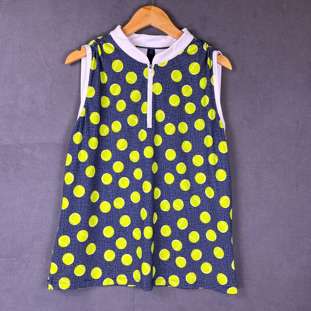 Lillie Green Tennis Ball Print Sleeveless Tank Top Shirt Mock Neck 1/4 Zip XL